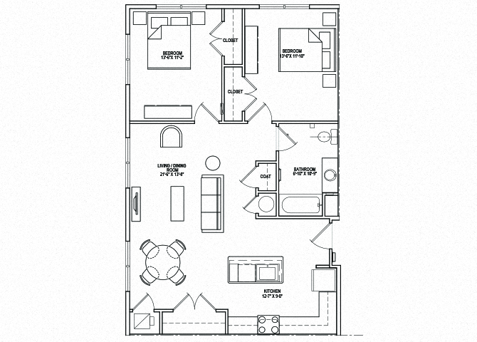 Floor plan for 2 beds, 1 bath, 923 sqft